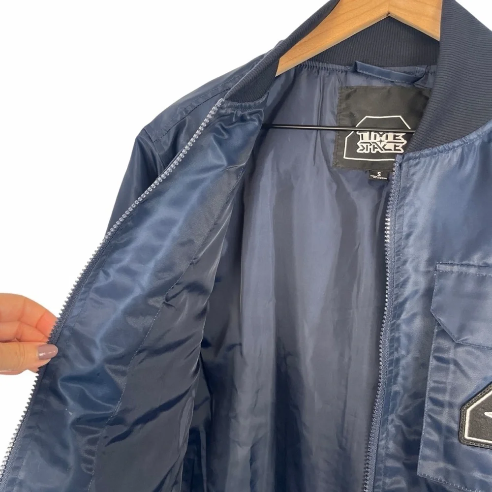 NWOT TIME + SPACE Bomber Jacket with Tag Mens Navy Blue Small Science Fiction